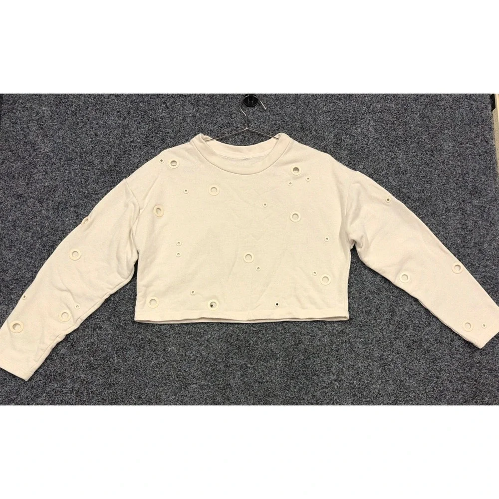Alo Yoga Sweatshirt Womens M Cream Grommet Cropped Pullover Athleisure